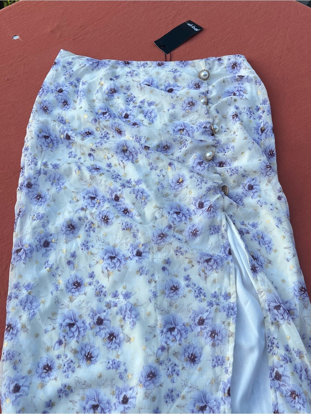 Floral Satin Wrap Midi Skirt in Lavender White